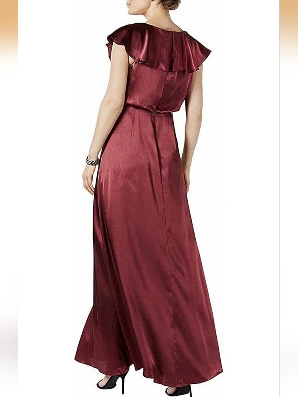 Adrianna Papell Women's Burgundy Wine Ruffle Hammered Satin Maxi Dress Size 10 - Picture 2 of 12